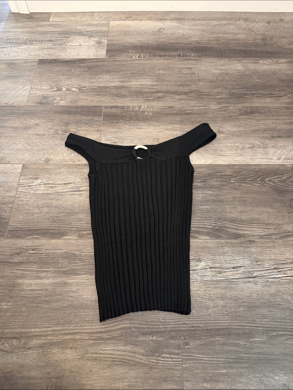 White House Black Market Black Ribbed‎ Off-Shoulder Tank with Front Ring Detail